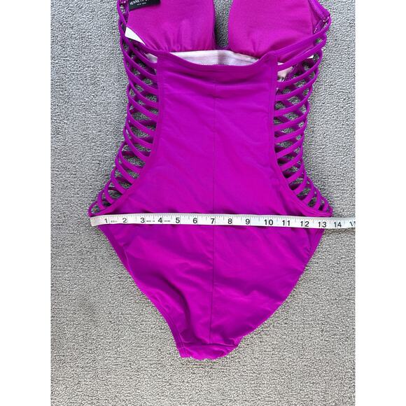 Kenneth Cole New York One Piece Swimsuit Halter Cut Out Sides Fuchsia Medium - Picture 11 of 11